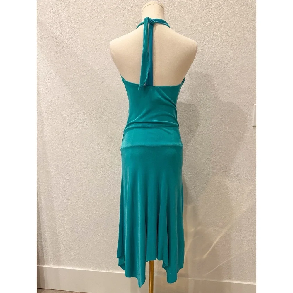 VTG Cacique Aqua Halter Dress XS Cowl Neck Gold Ring Detail Y2K Going Out 2000's - Picture 2 of 12